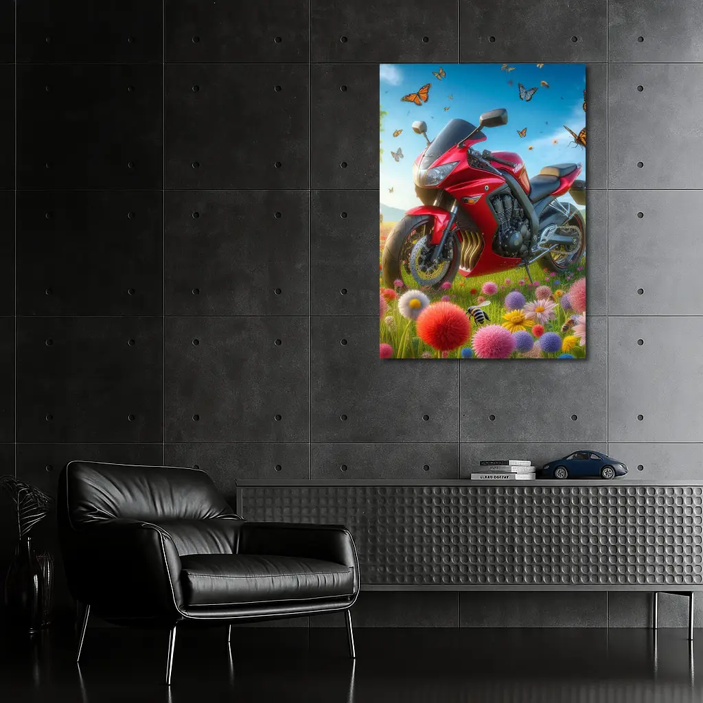 Red Sport Bike Colorful Flower Field Butterflies – Wall Art