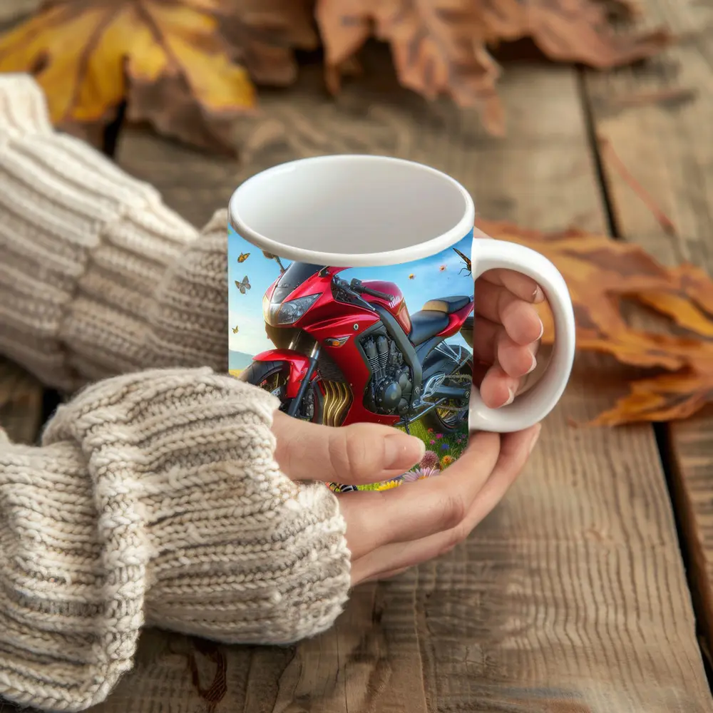 Red Sport Bike Colorful Flower Field Butterflies – Mugs