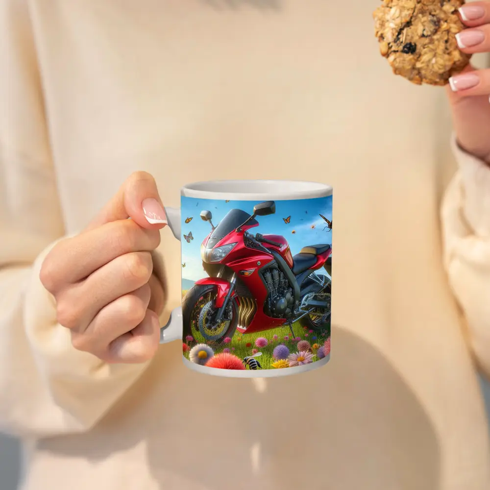 Red Sport Bike Colorful Flower Field Butterflies – Mugs