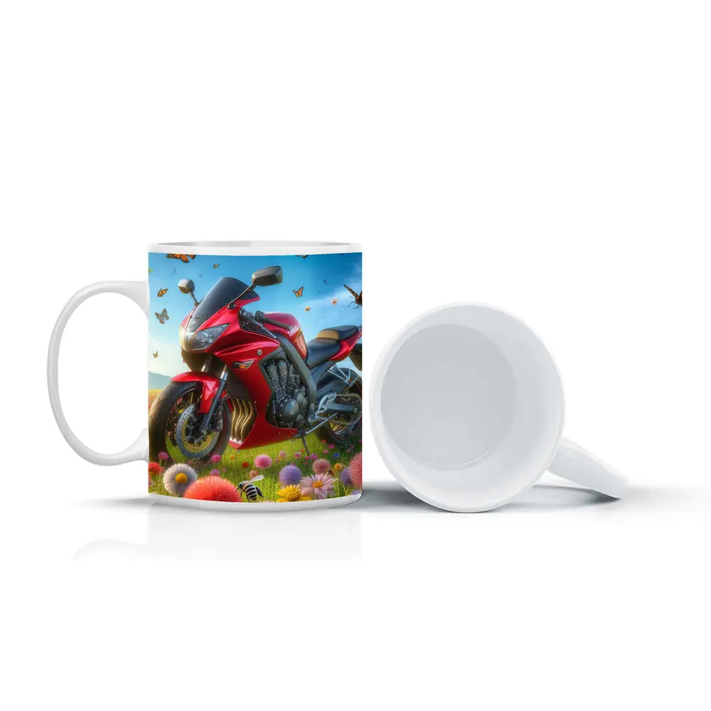 Red Sport Bike Colorful Flower Field Butterflies – Mugs