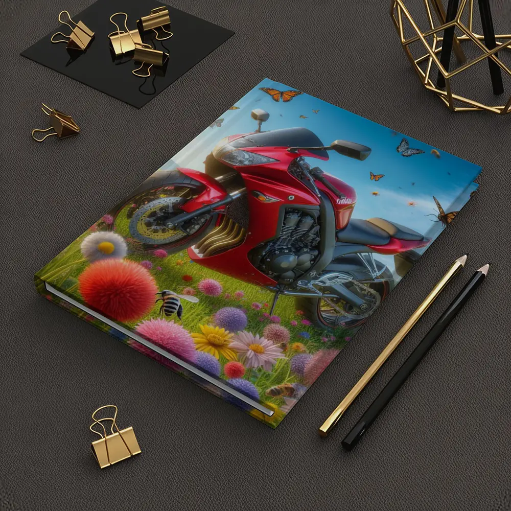 Red Sport Bike Colorful Flower Field Butterflies – Notebooks