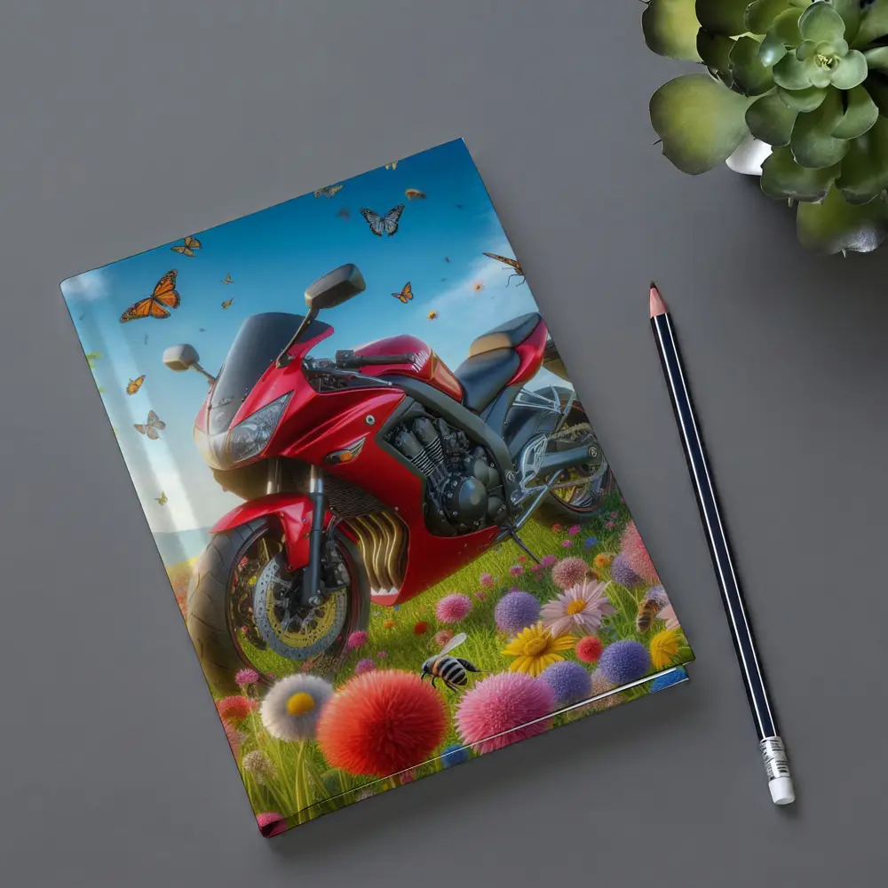 Red Sport Bike Colorful Flower Field Butterflies – Notebooks
