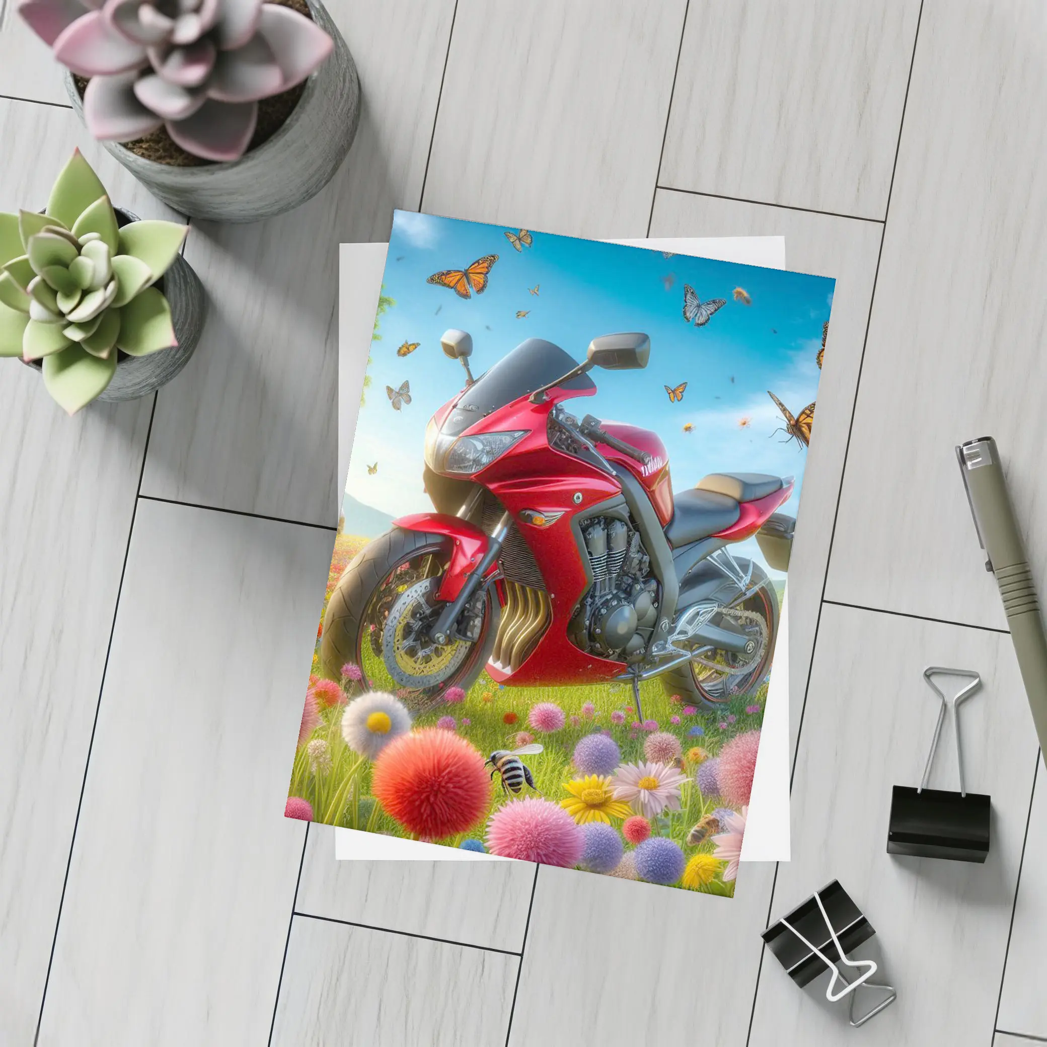 Red Sport Bike Colorful Flower Field Butterflies – Postcards