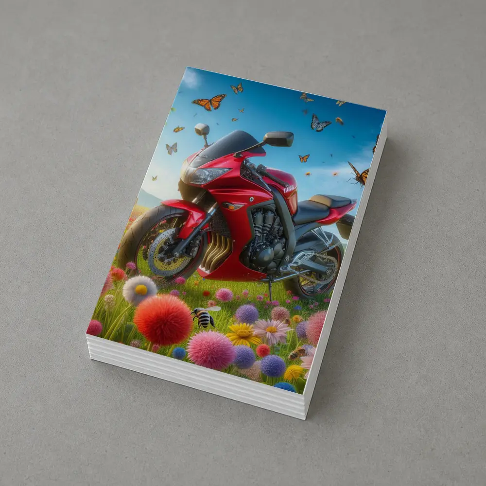 Red Sport Bike Colorful Flower Field Butterflies – Postcards