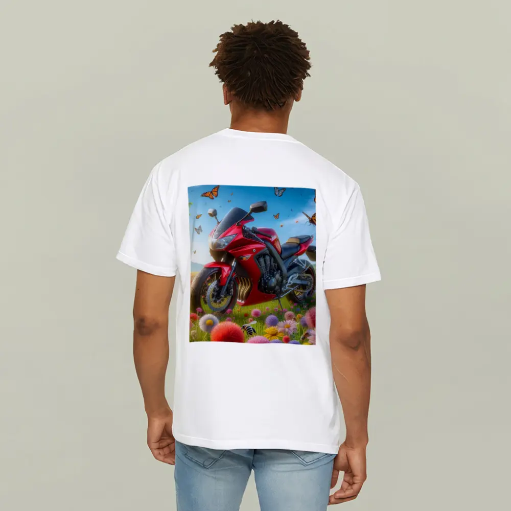 Red Sport Bike Colorful Flower Field Butterflies – T-Shirts