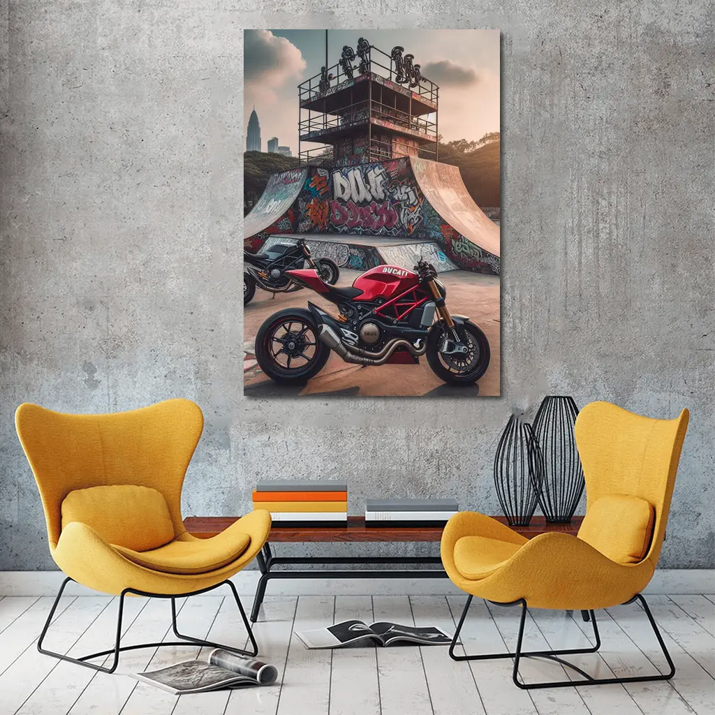 Ducati Monster Red Motorcycle Skatepark Graffiti – Wall Art