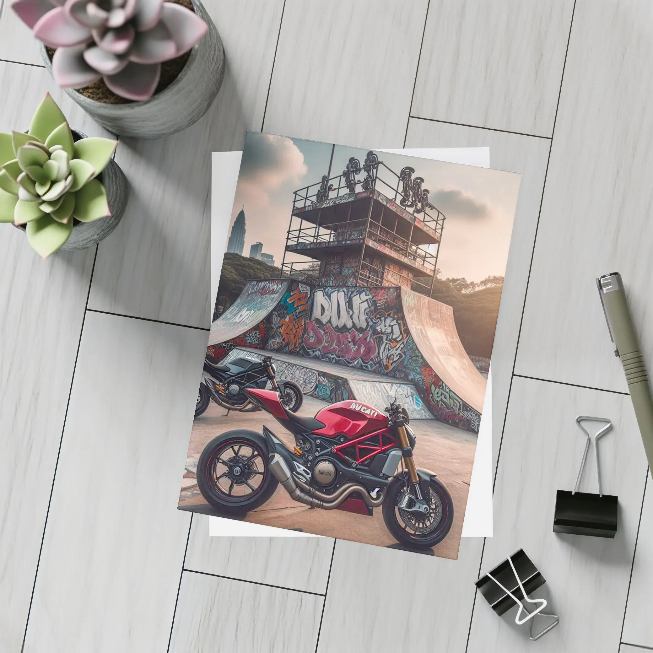 Ducati Monster Red Motorcycle Skatepark Graffiti – Postcards