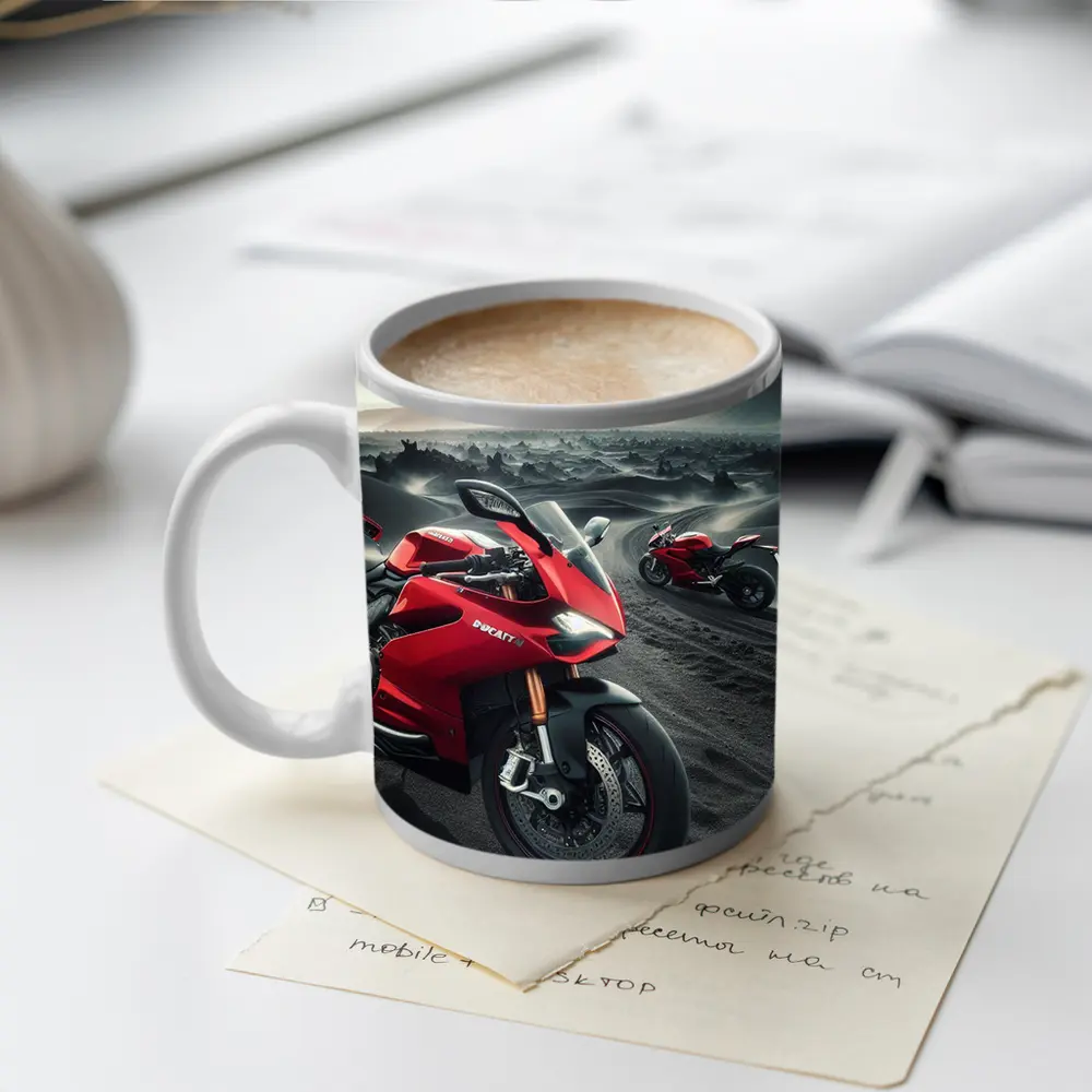 Ducati Superbike Red Volcanic Desert Landscape – Mugs