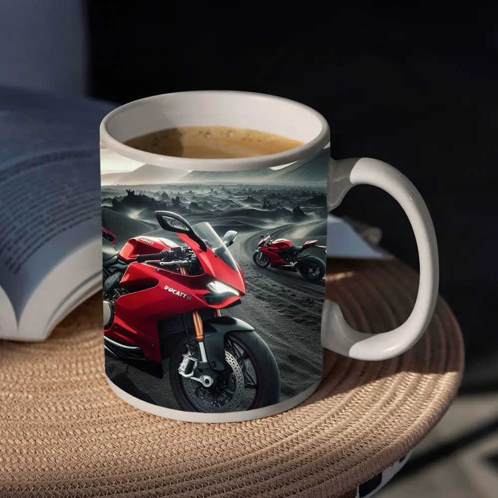 Ducati Superbike Red Volcanic Desert Landscape – Mugs