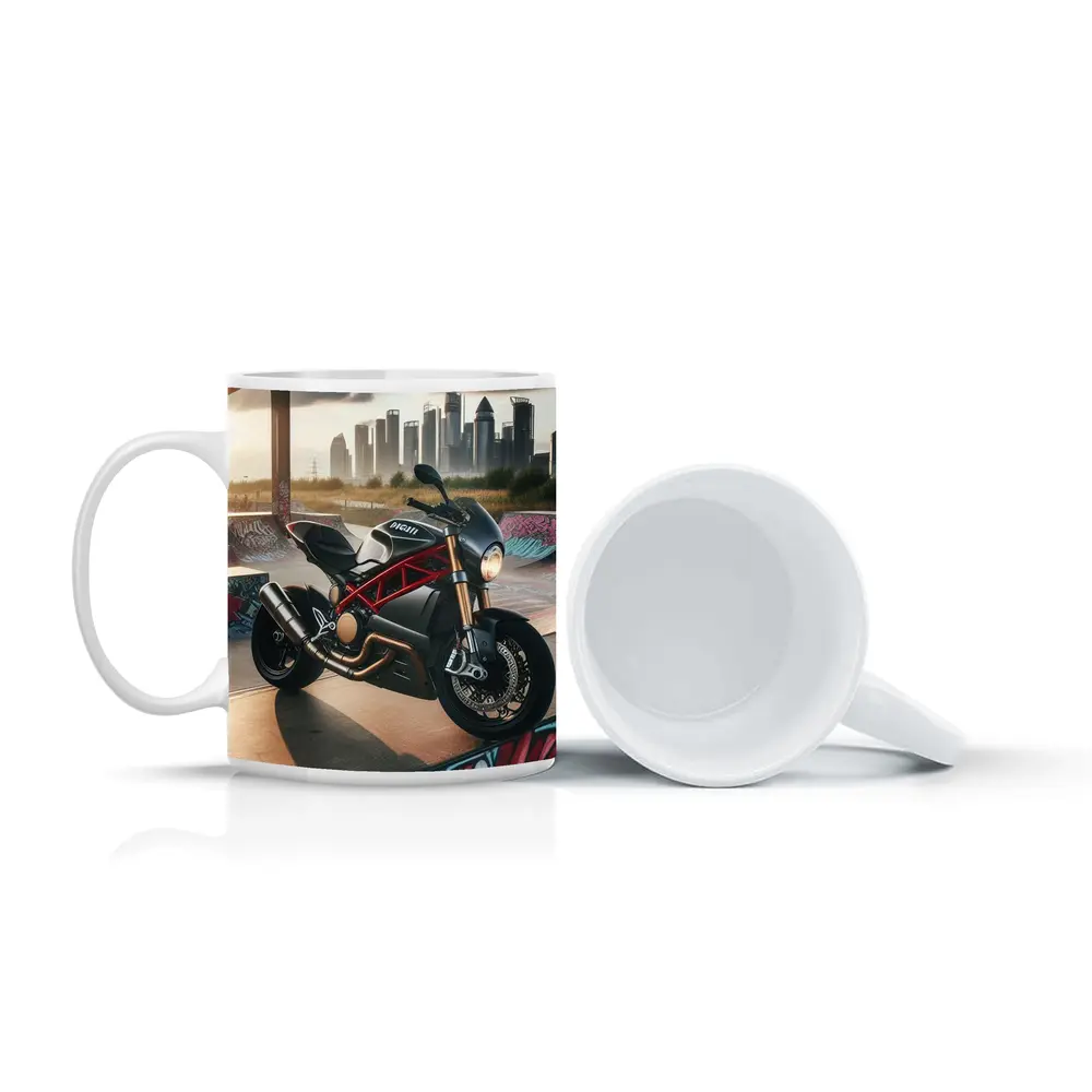 Ducati Motorcycle Parked at Urban Skatepark – Mugs