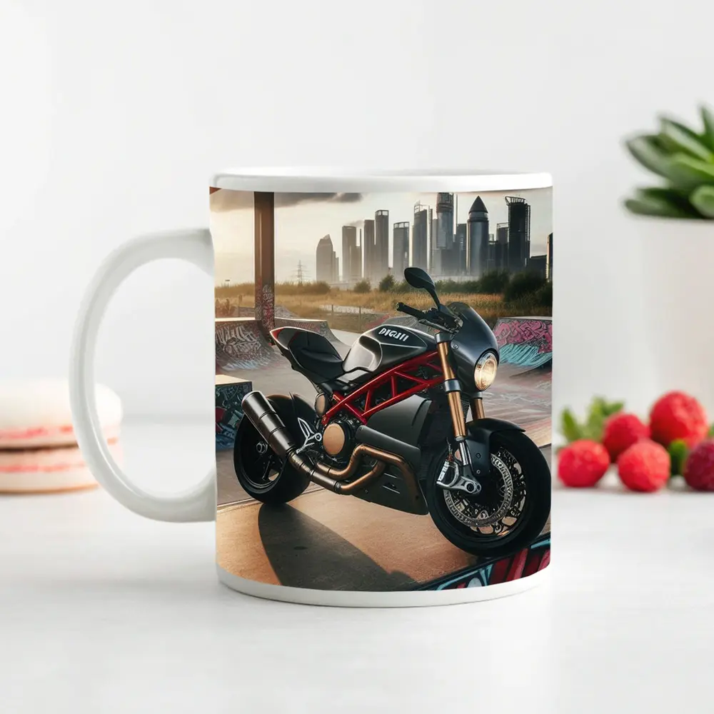 Ducati Motorcycle Parked at Urban Skatepark – Mugs