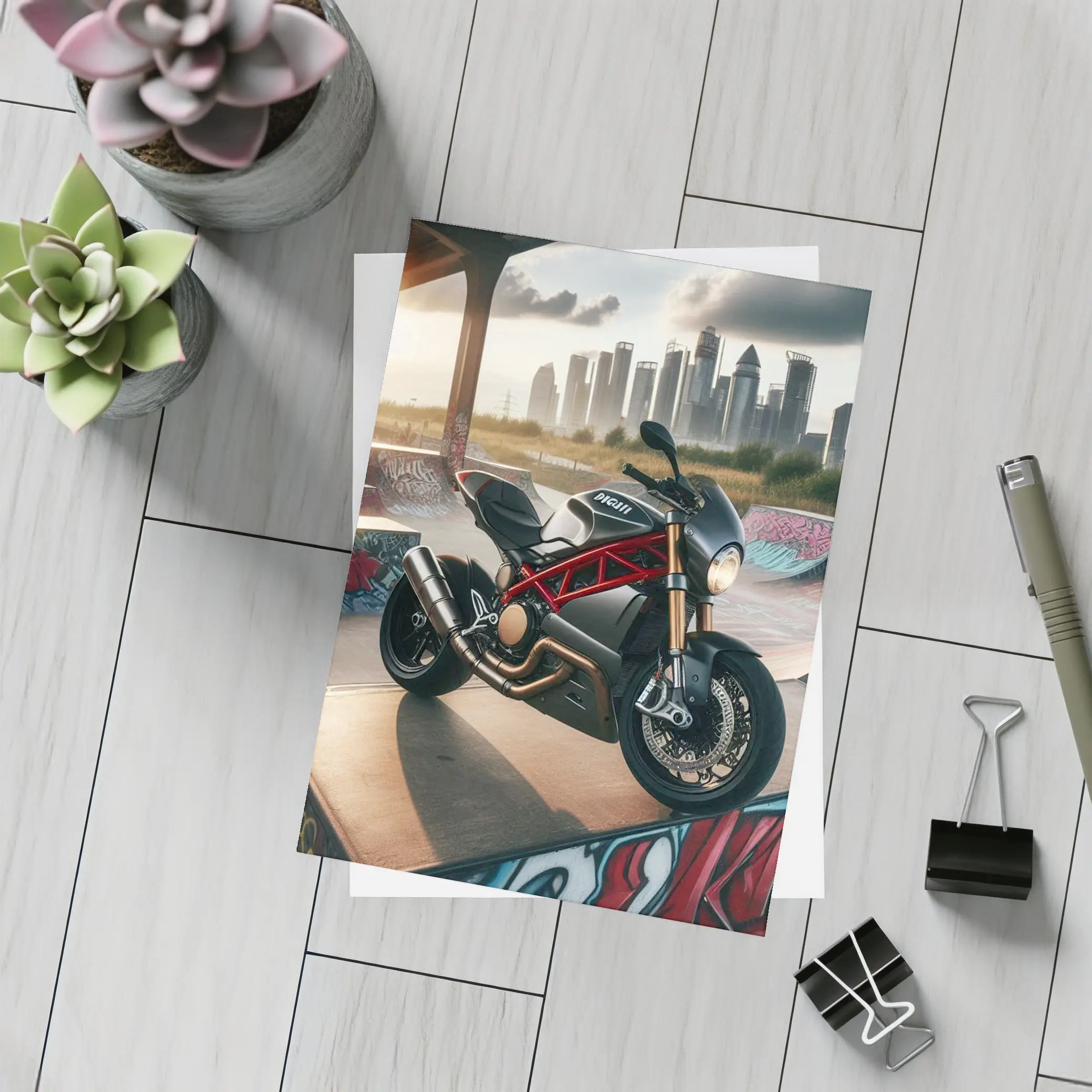 Ducati Motorcycle Parked at Urban Skatepark – Postcards