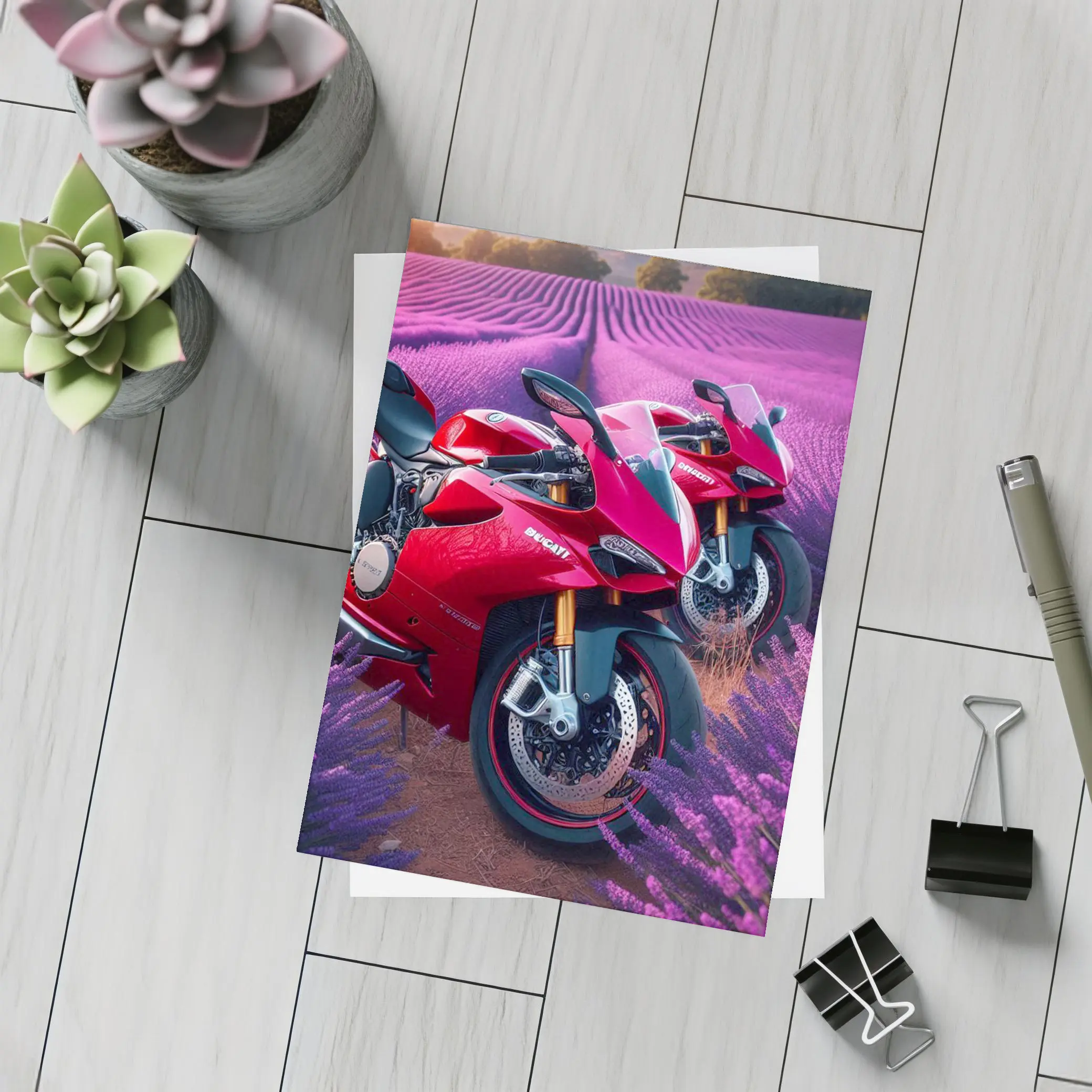 Red Ducati Superbike Lavender Field Background – Postcards
