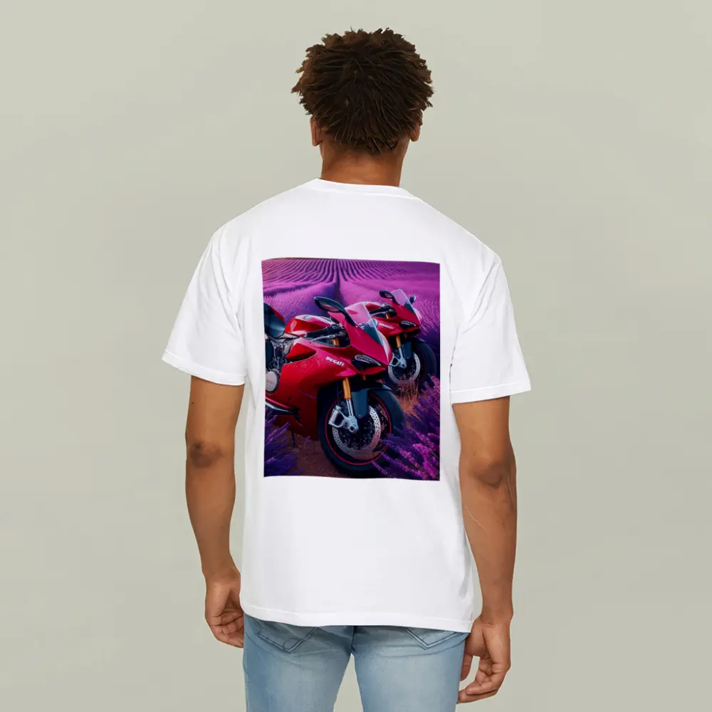 Red Ducati Superbike Lavender Field Background – T-Shirts