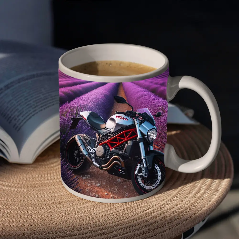 Ducati Monster Motorcycle Lavender Field Background – Mugs