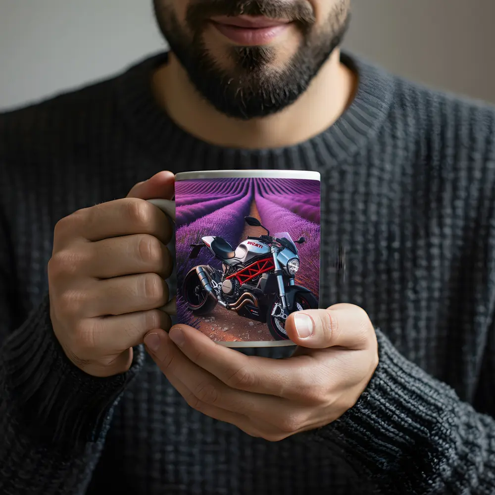 Ducati Monster Motorcycle Lavender Field Background – Mugs