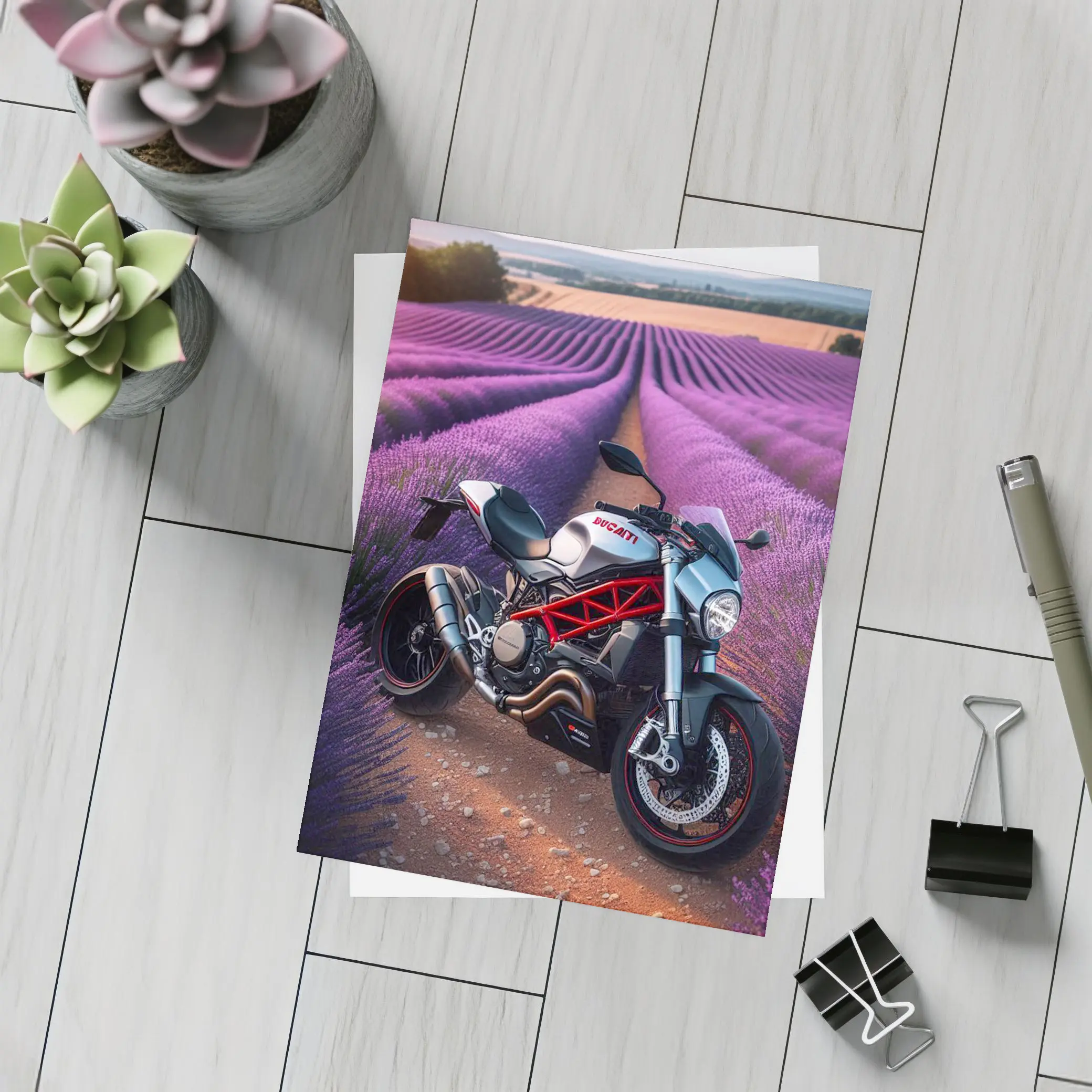 Ducati Monster Motorcycle Lavender Field Background – Postcards