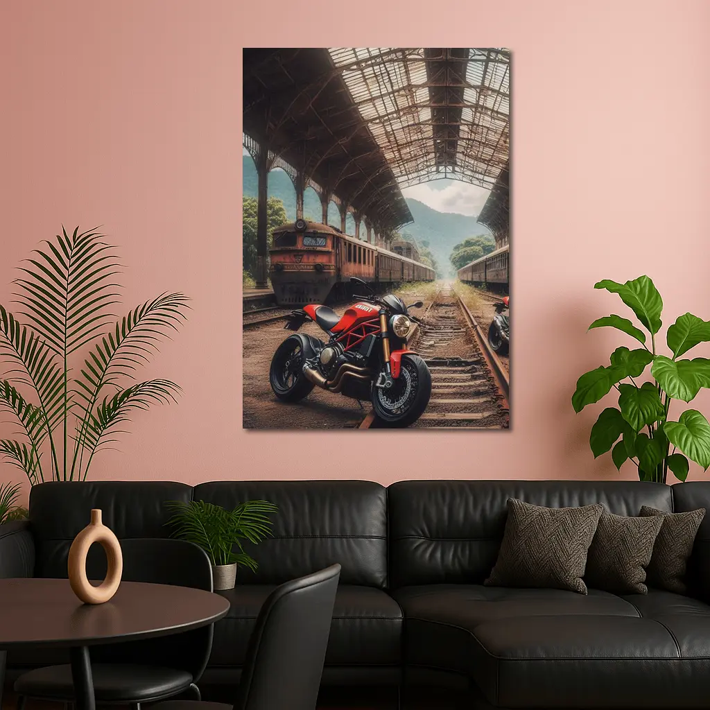 Red Ducati Monster Abandoned Train Station – Wall Art