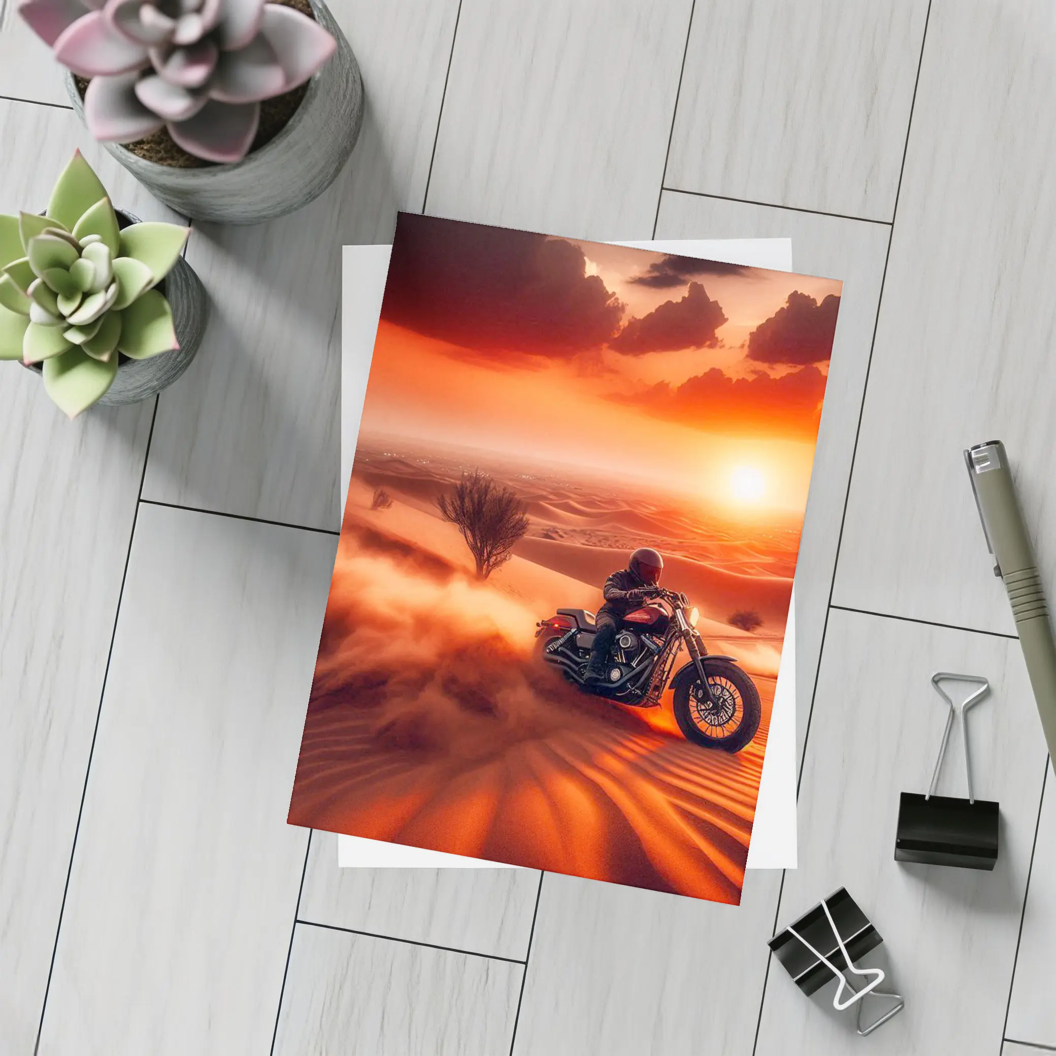 Harley Davidson Cruiser Desert Sunset Ride – Postcards