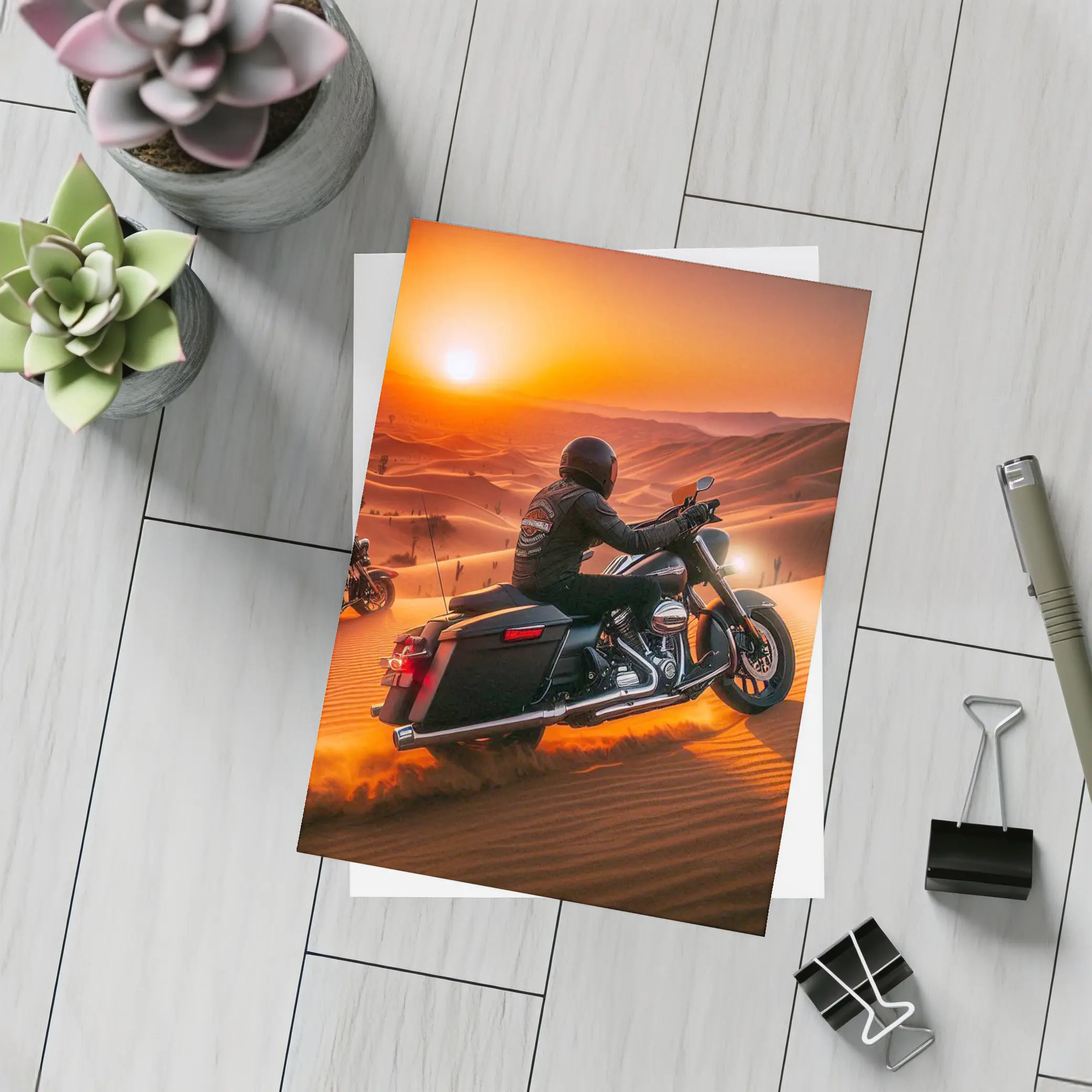 Harley Davidson Bagger Riding Desert Sunset – Postcards