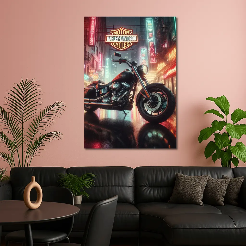 Harley Davidson Motorcycle Rainy Neon City Street – Wall Art