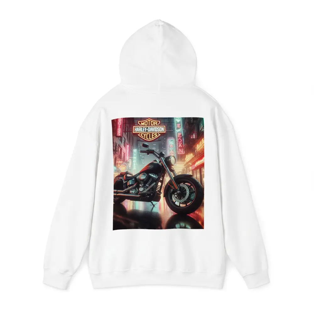Harley Davidson Motorcycle Rainy Neon City Street – Hoodies