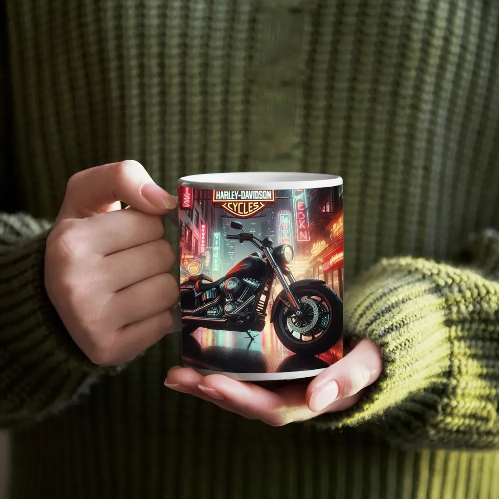 Harley Davidson Motorcycle Rainy Neon City Street – Mugs