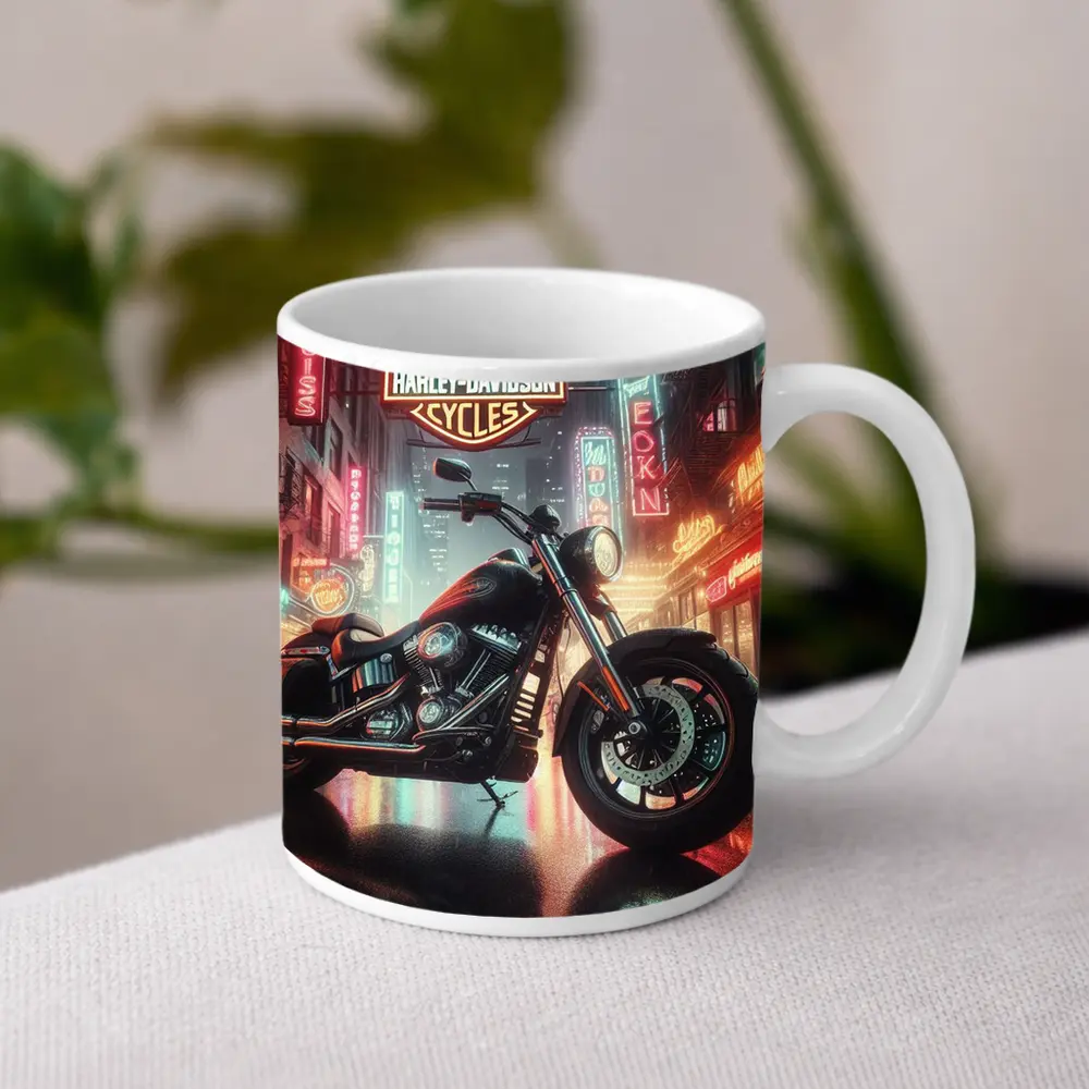 Harley Davidson Motorcycle Rainy Neon City Street – Mugs