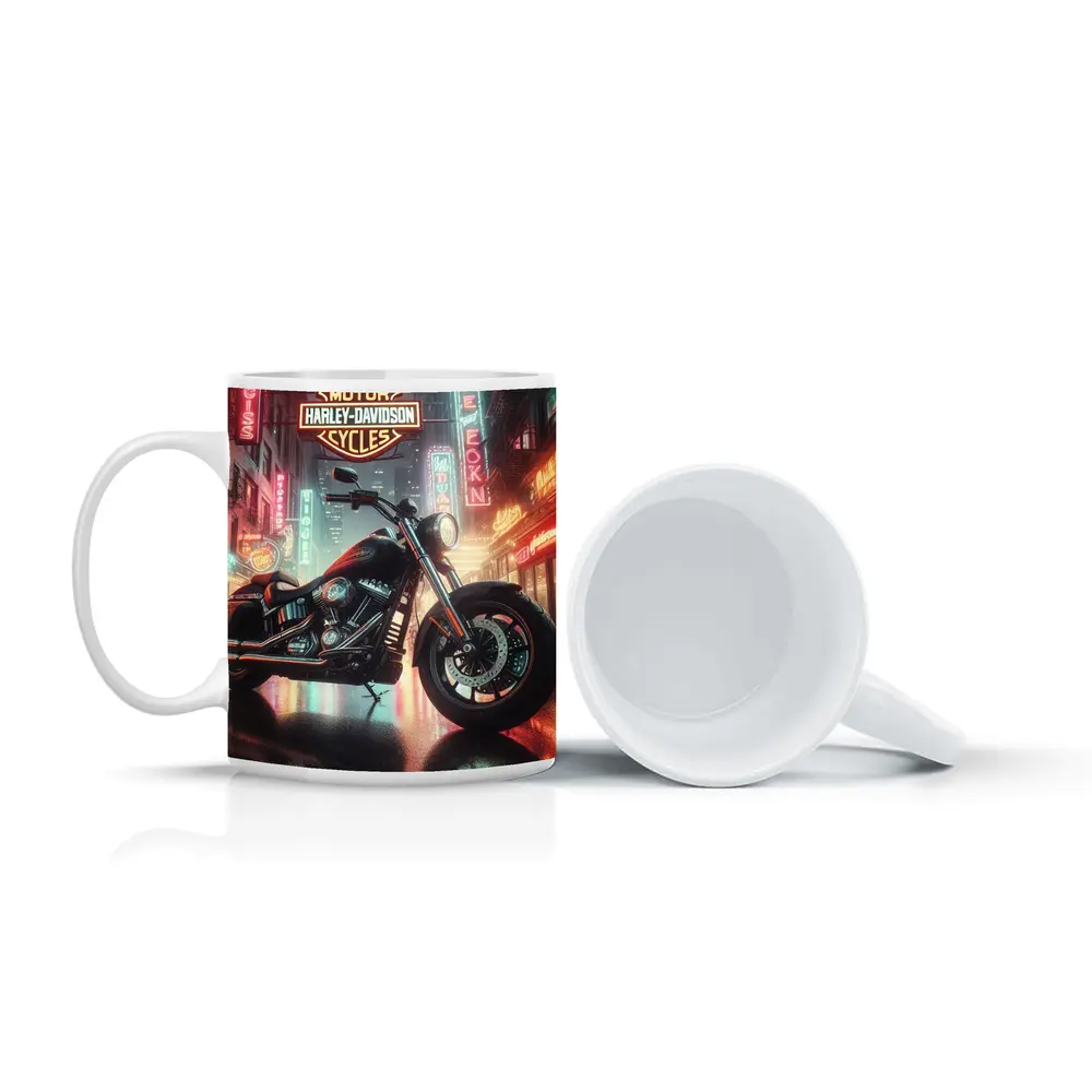 Harley Davidson Motorcycle Rainy Neon City Street – Mugs