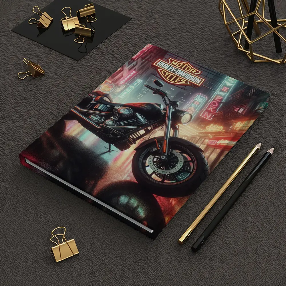 Harley Davidson Motorcycle Rainy Neon City Street – Notebooks
