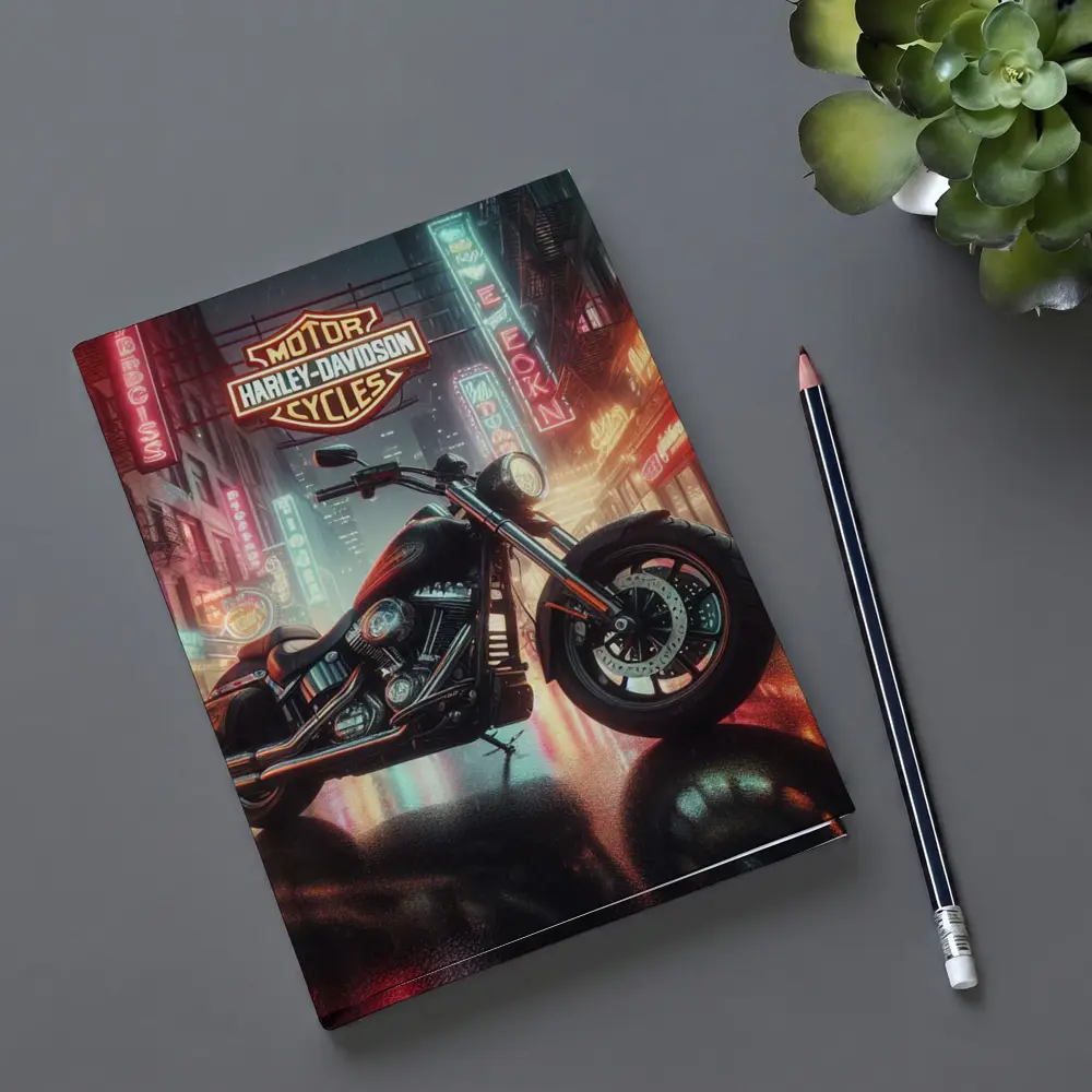 Harley Davidson Motorcycle Rainy Neon City Street – Notebooks