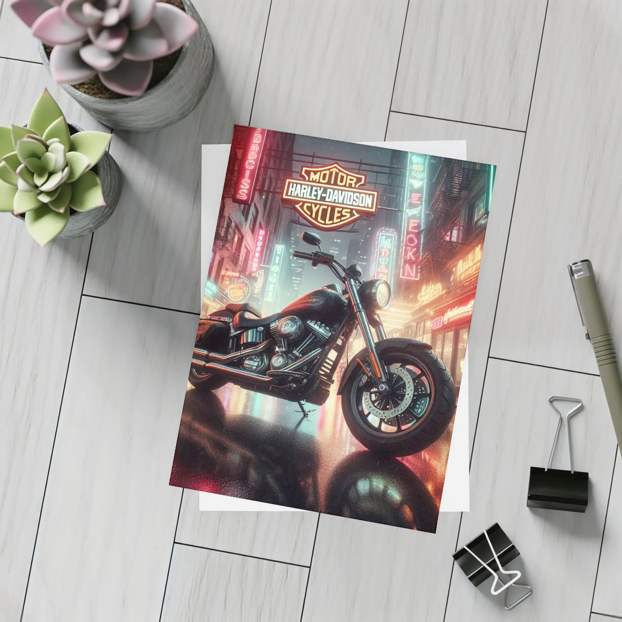 Harley Davidson Motorcycle Rainy Neon City Street – Postcards