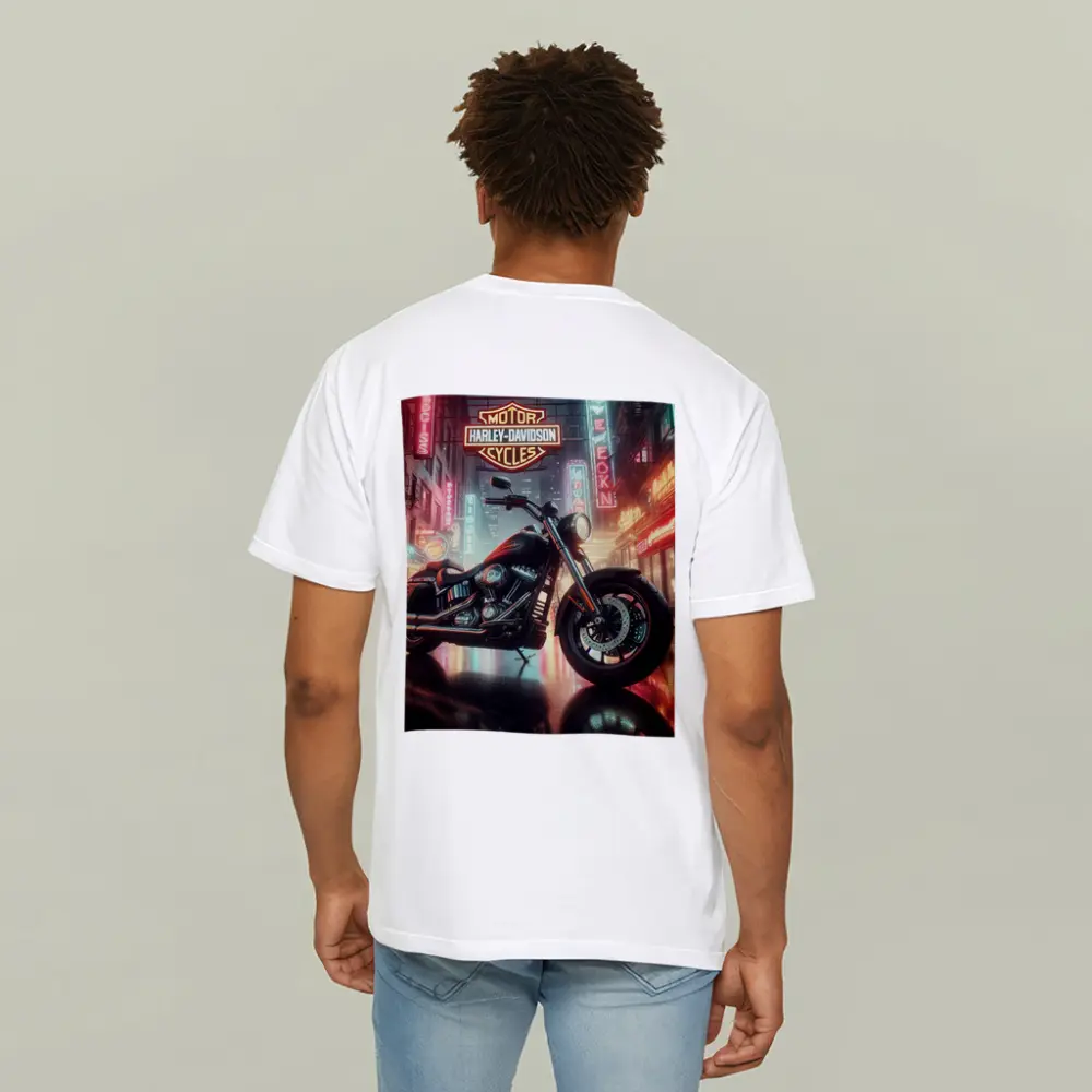 Harley Davidson Motorcycle Rainy Neon City Street – T-Shirts