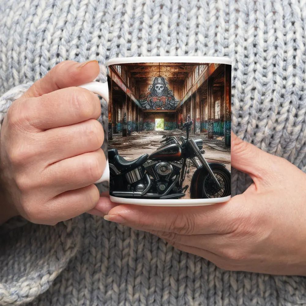 Harley Davidson Chopper Abandoned Warehouse Graffiti – Mugs