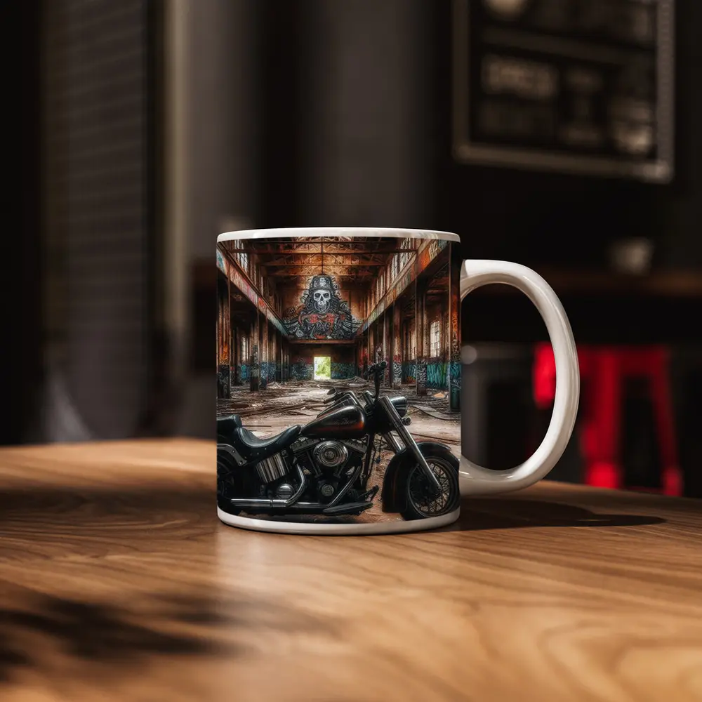 Harley Davidson Chopper Abandoned Warehouse Graffiti – Mugs