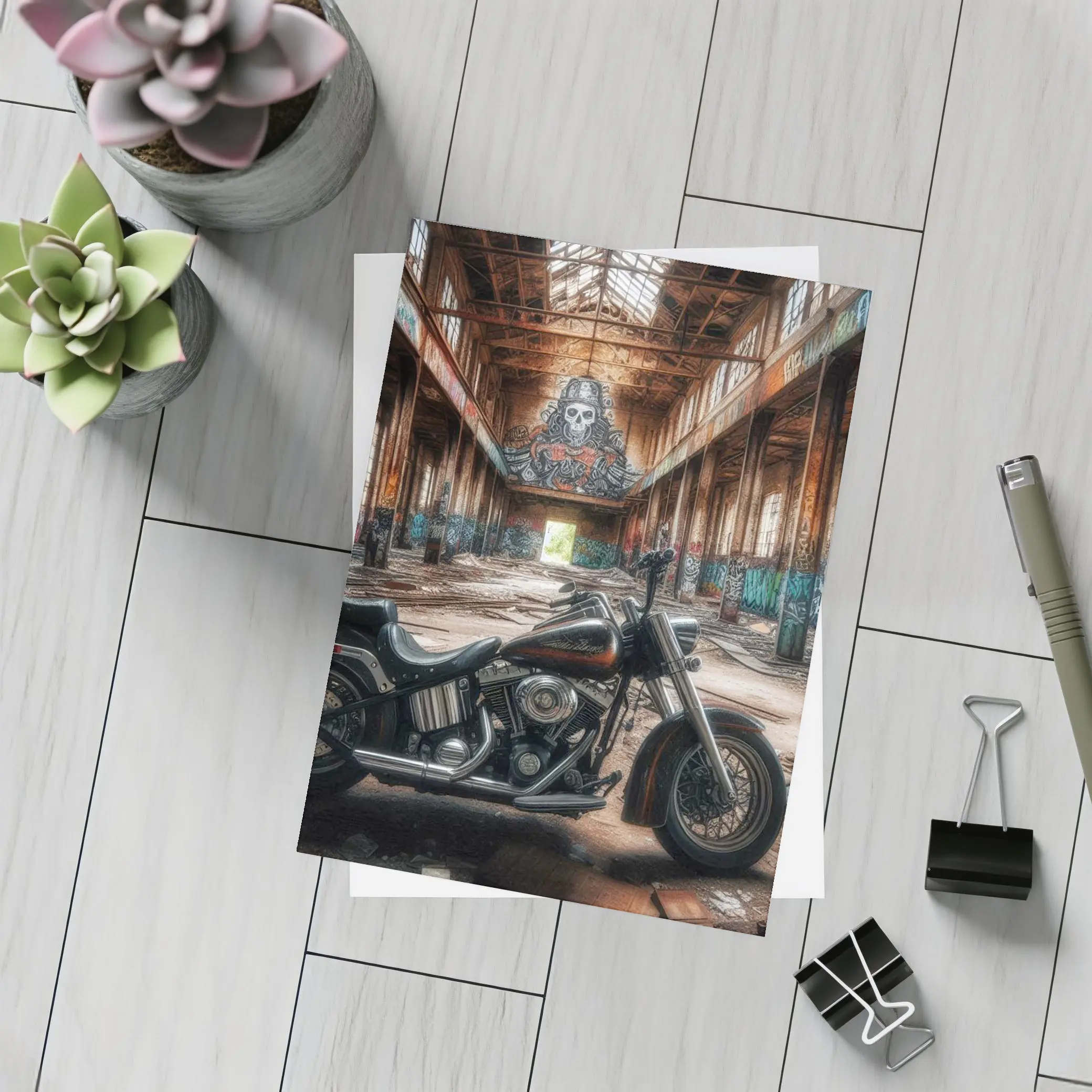 Harley Davidson Chopper Abandoned Warehouse Graffiti – Postcards
