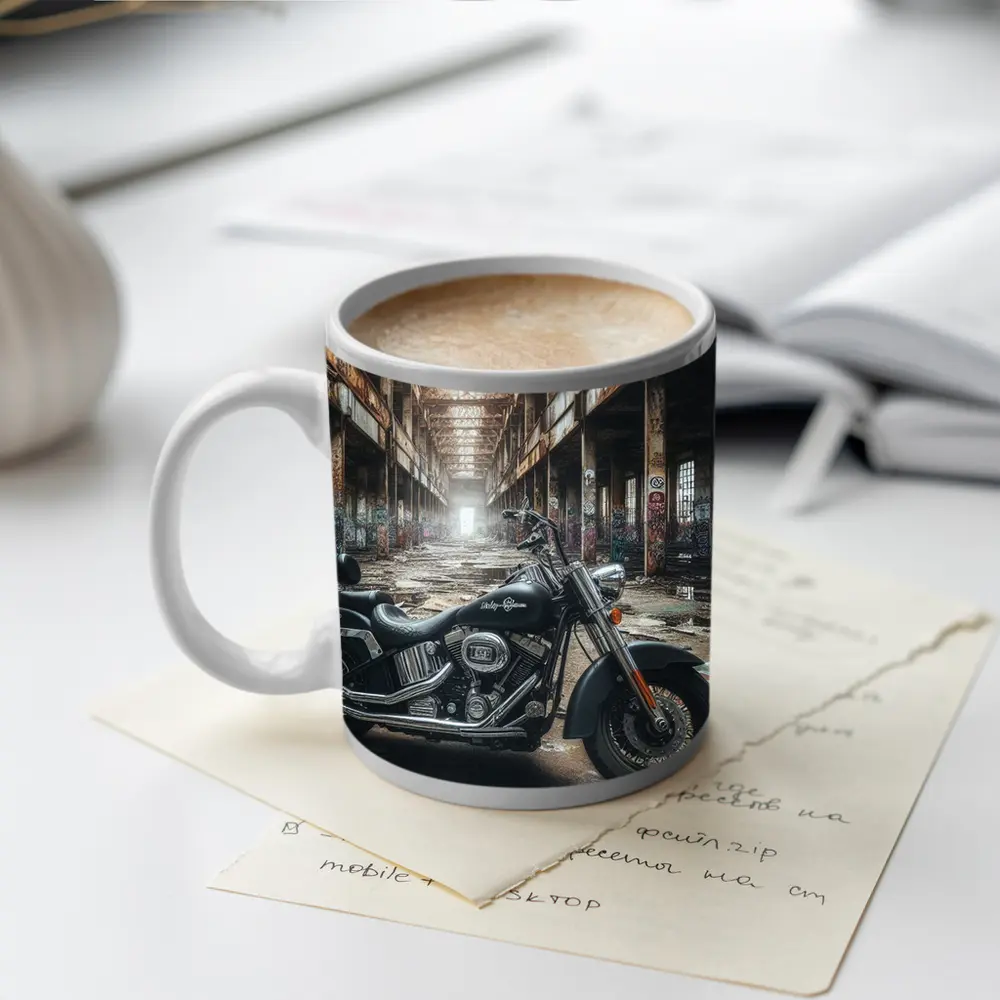 Harley Davidson Chopper Abandoned Industrial Warehouse – Mugs