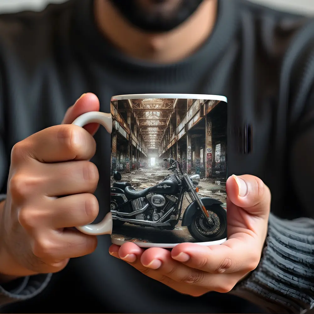 Harley Davidson Chopper Abandoned Industrial Warehouse – Mugs