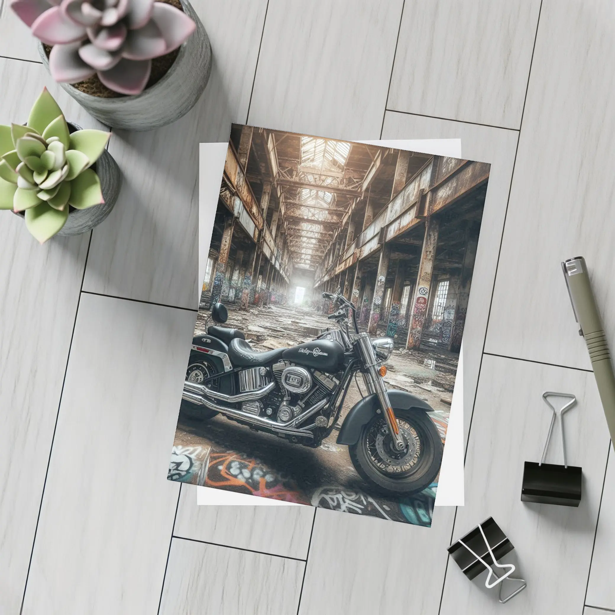 Harley Davidson Chopper Abandoned Industrial Warehouse – Postcards