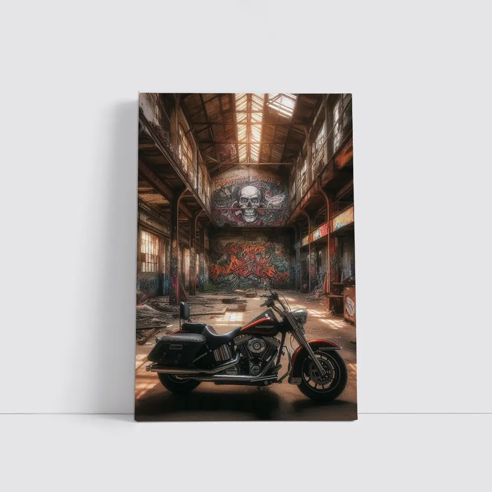 Harley Davidson Cruiser Abandoned Warehouse Graffiti – Wall Art
