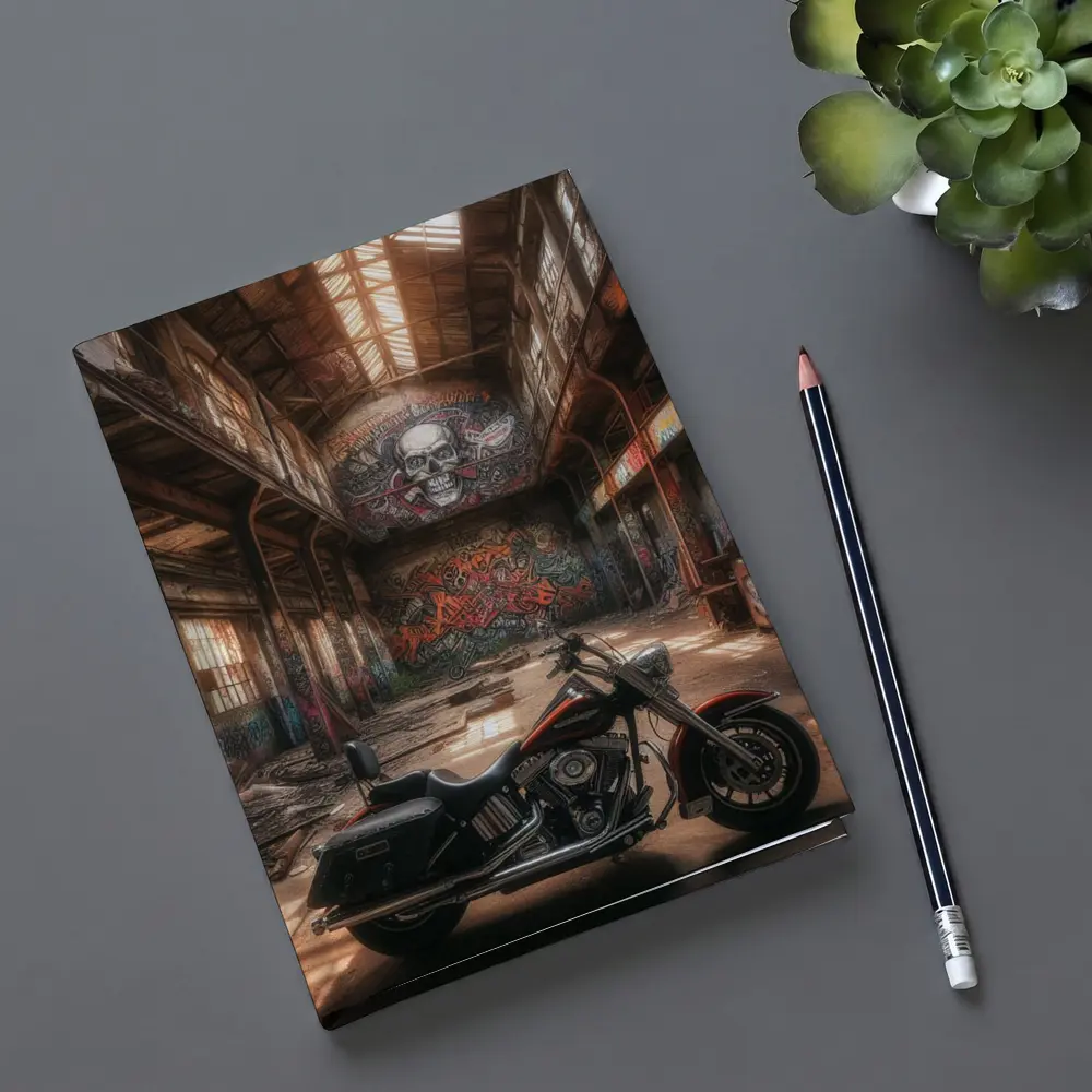 Harley Davidson Cruiser Abandoned Warehouse Graffiti – Notebooks