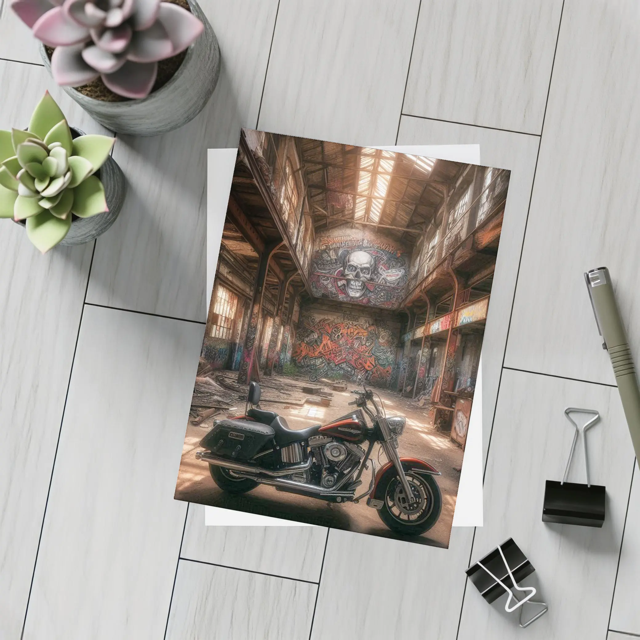 Harley Davidson Cruiser Abandoned Warehouse Graffiti – Postcards