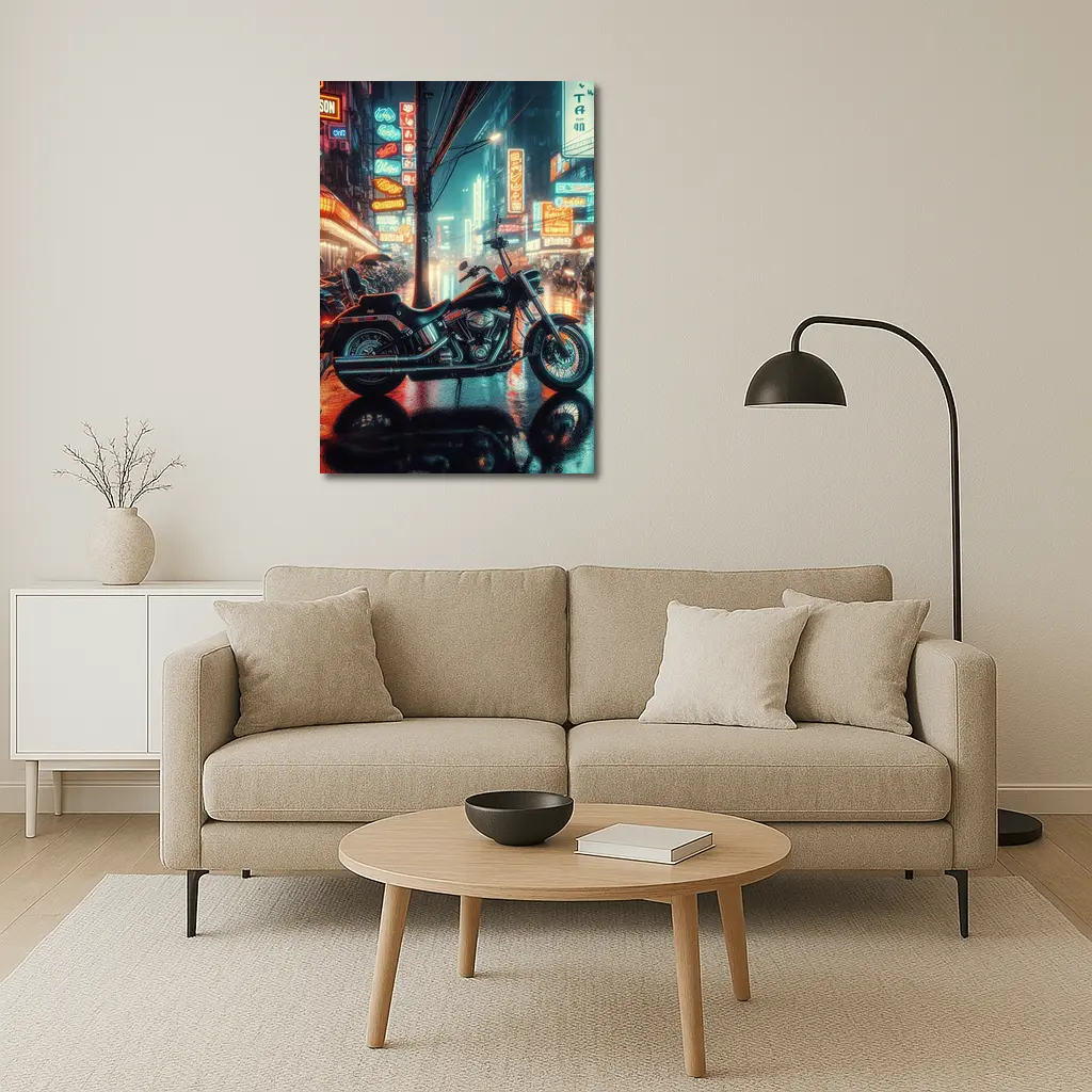 Harley Davidson Chopper Neon Rainy City Street – Wall Art