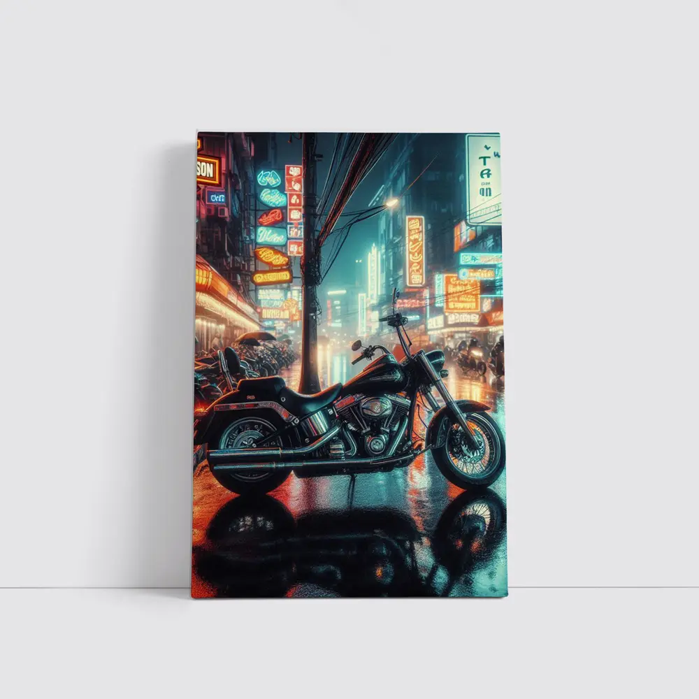 Harley Davidson Chopper Neon Rainy City Street – Wall Art