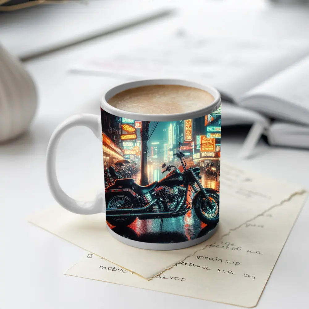 Harley Davidson Chopper Neon Rainy City Street – Mugs