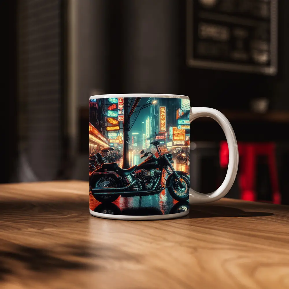 Harley Davidson Chopper Neon Rainy City Street – Mugs