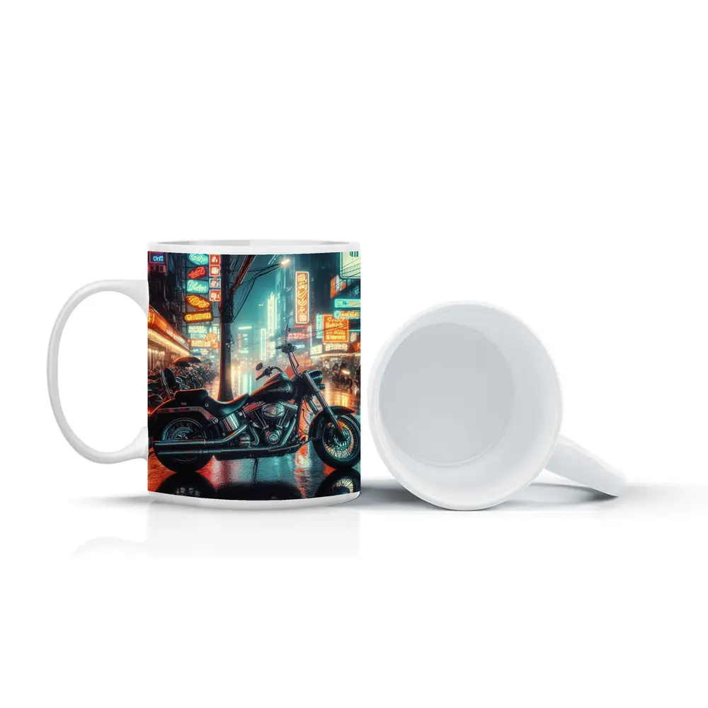 Harley Davidson Chopper Neon Rainy City Street – Mugs
