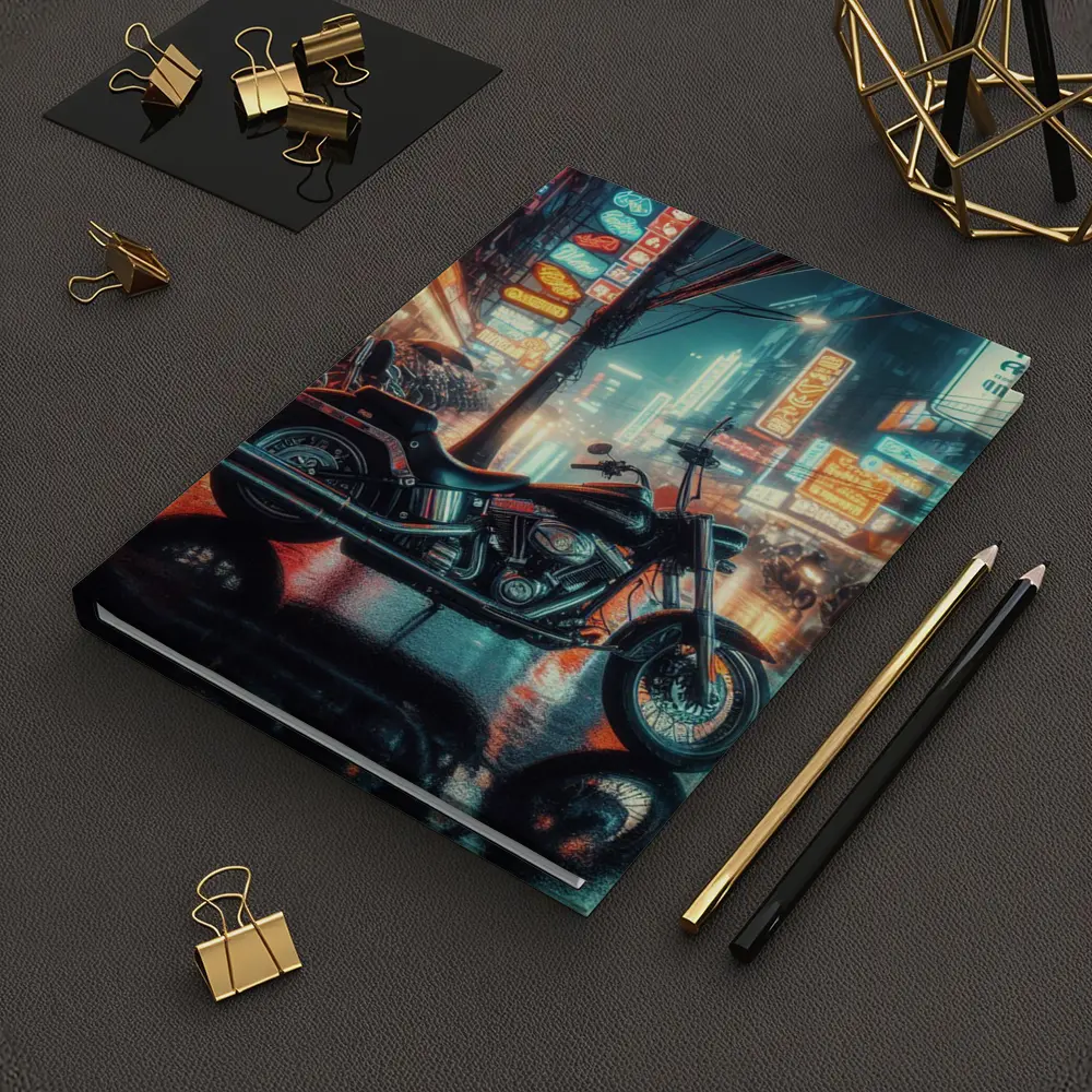 Harley Davidson Chopper Neon Rainy City Street – Notebooks
