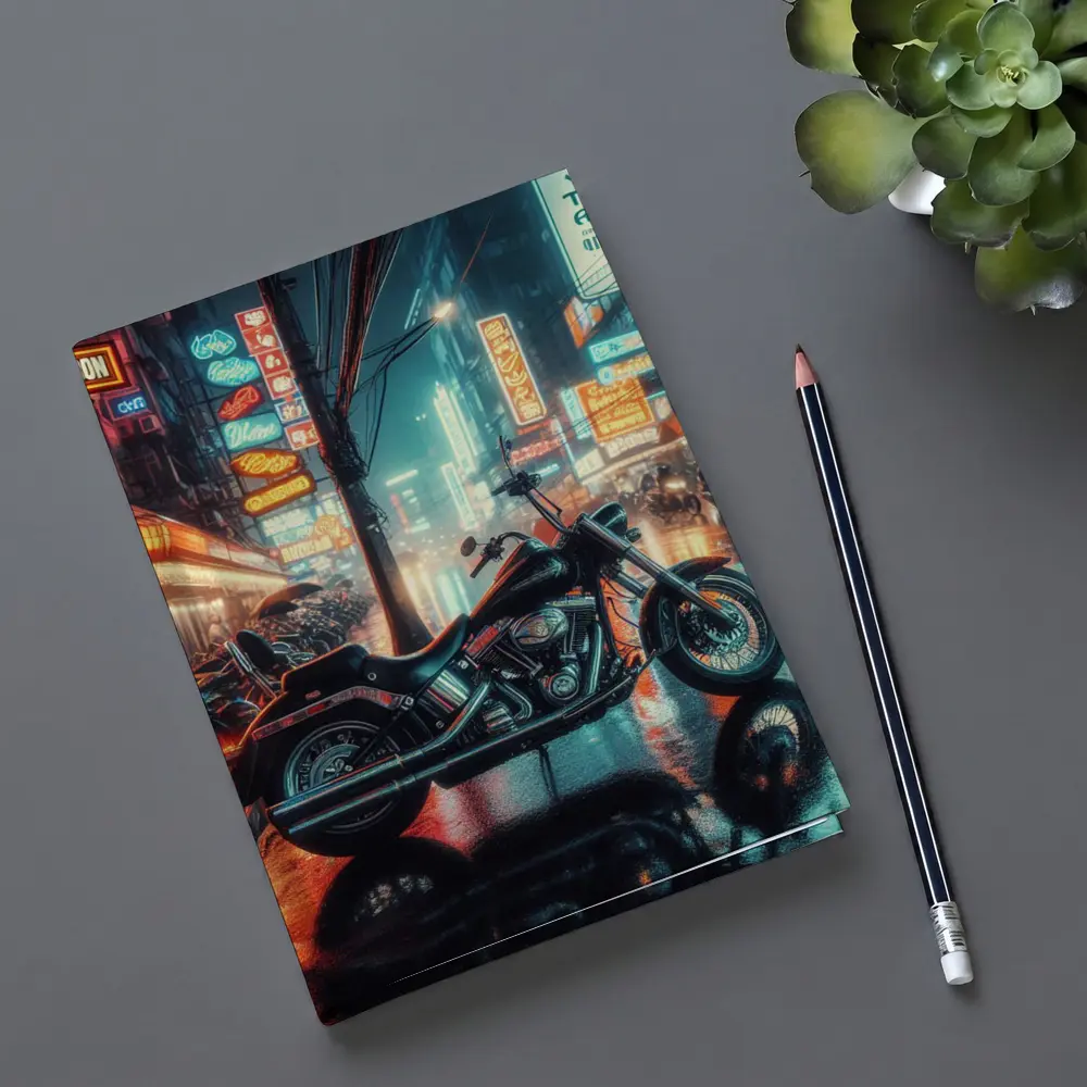 Harley Davidson Chopper Neon Rainy City Street – Notebooks
