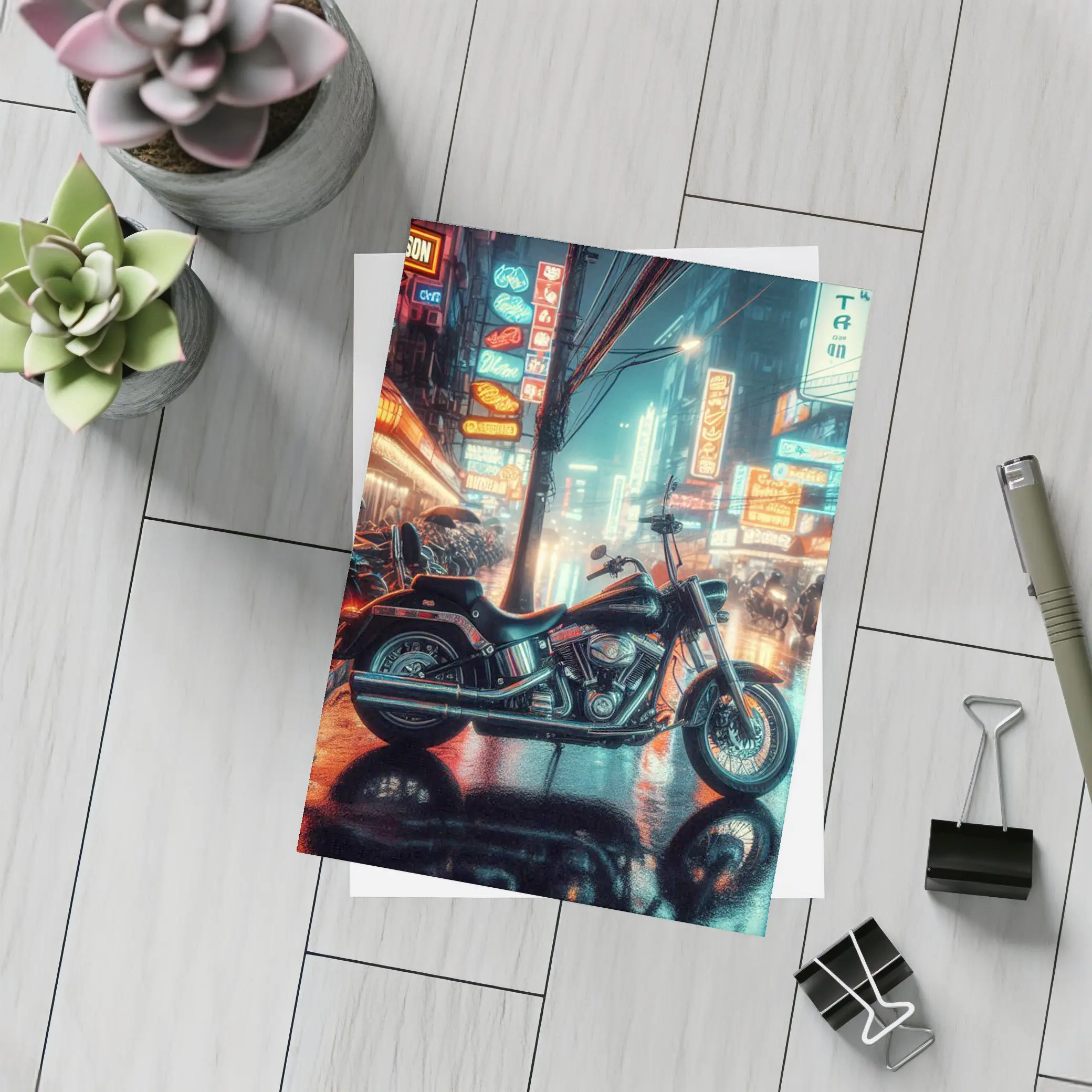 Harley Davidson Chopper Neon Rainy City Street – Postcards
